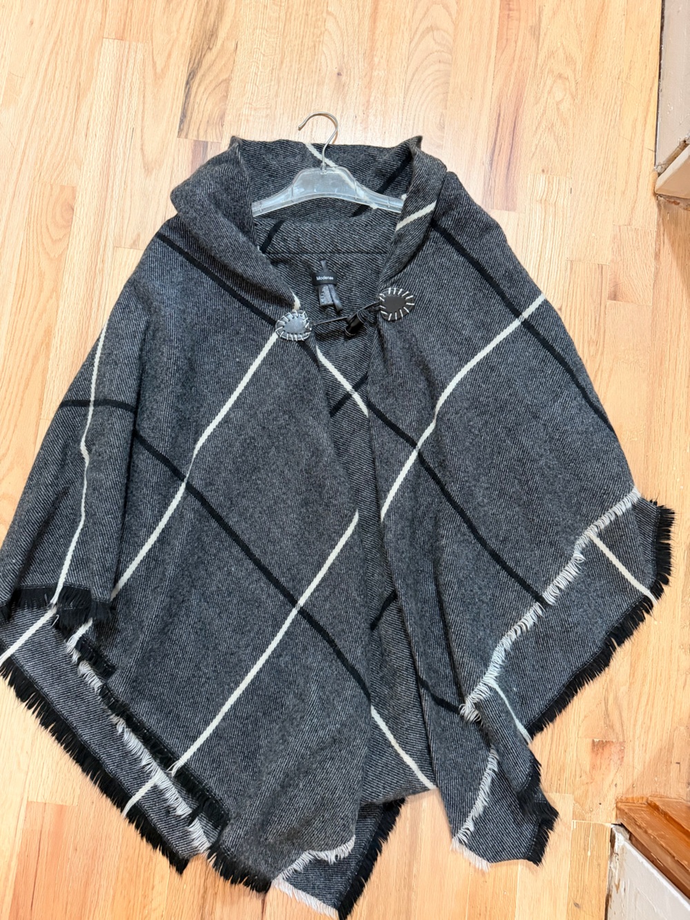 Dark Gray Hooded Plaid Cape with Toggle Closure